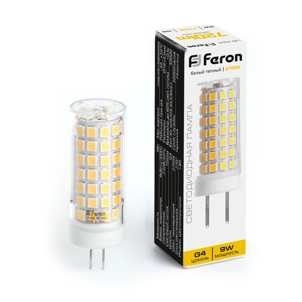 Лампа светодиодная LB-434 JCD G4 9W 175-230V 2700K кукуруза Feron