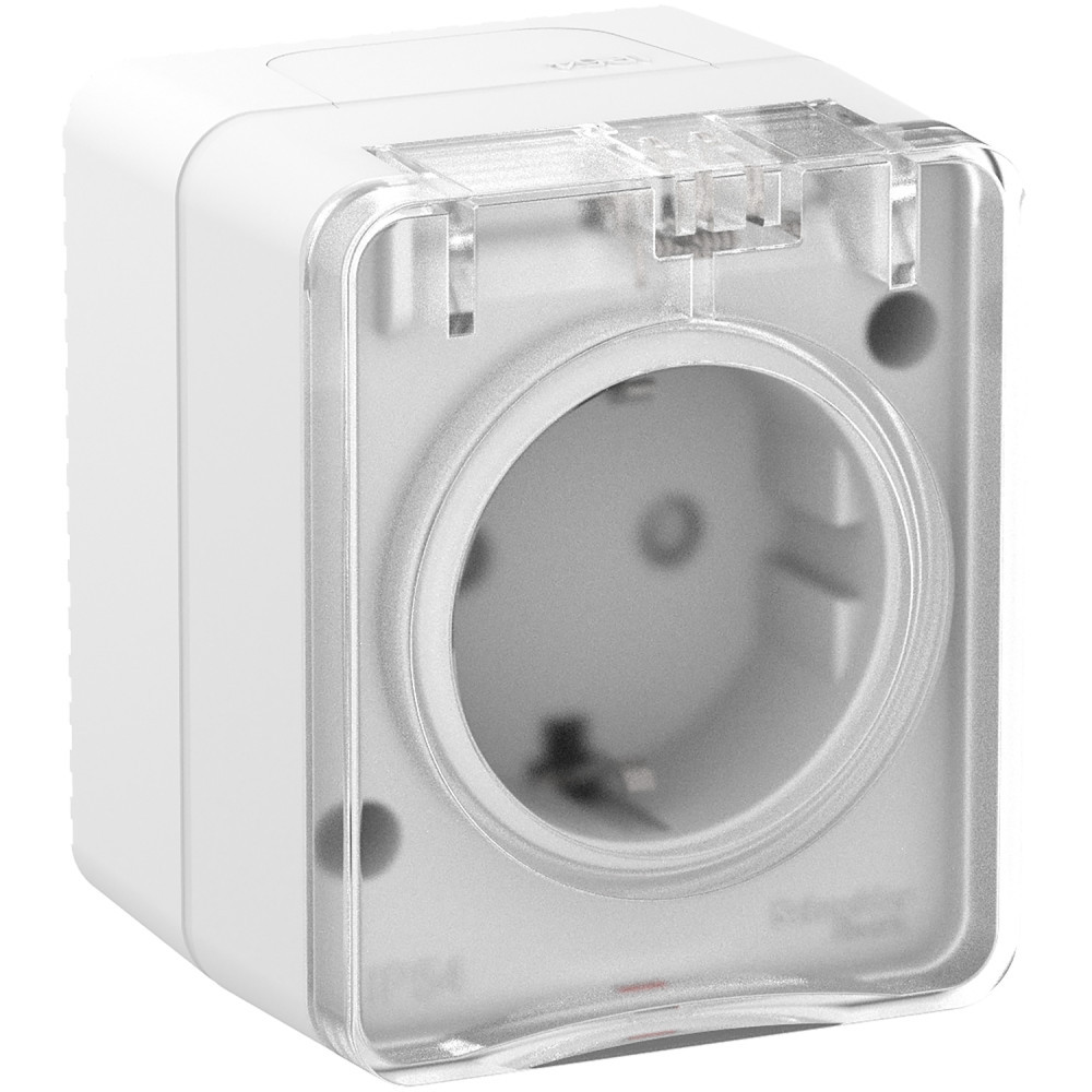 atlasdesign profi54 о/у розетка с заземлением со шторками 16а 250b белый ip54