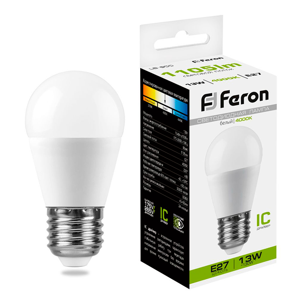 Лампа светодиодная шар матовый G45 LB-950 13W 230V E27 4000K Feron 