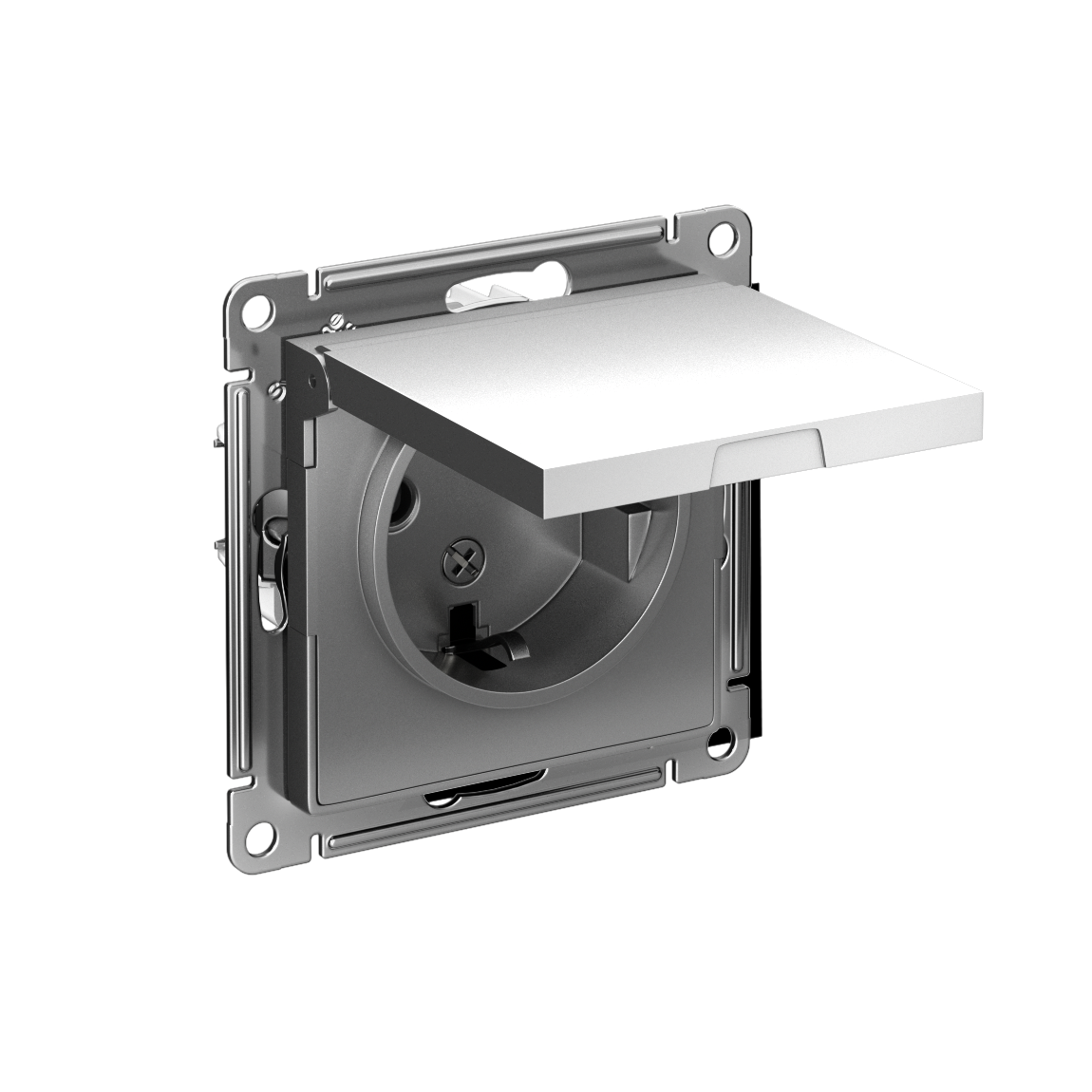Systeme Electric ATLASDESIGN розетка 1-я с заземлением со шторками с крышкой IP20 сталь