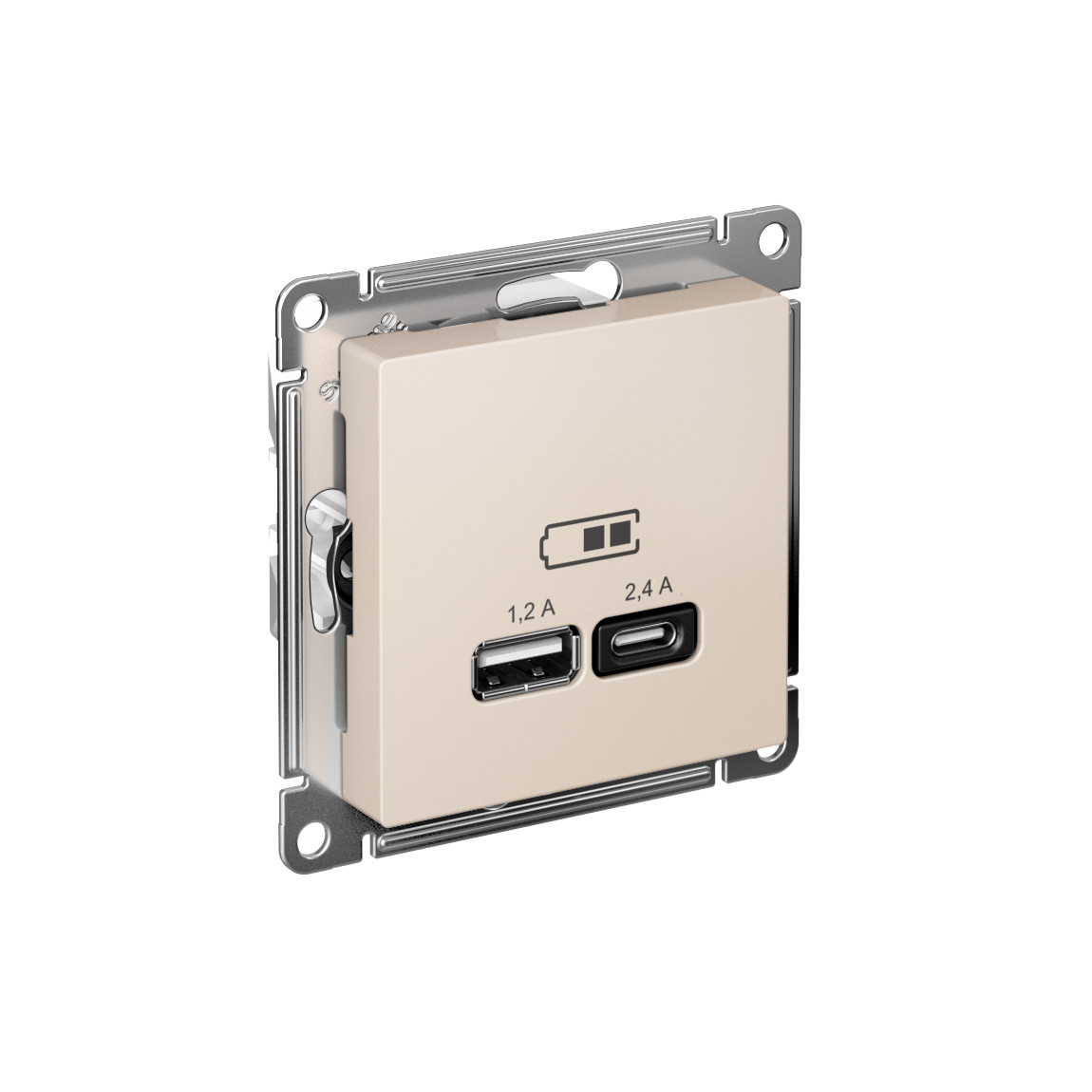 systeme electric atlasdesign, розетка 2xusb (1.2a/2.4a) типы a и c для зарядки бежевый atn000239