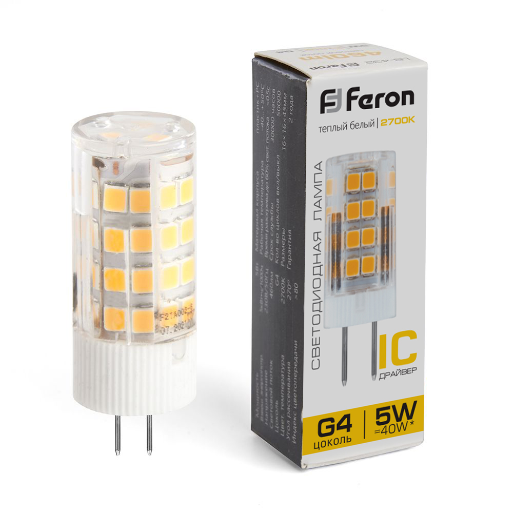 Лампа светодиодная LB-432 G4 175-265V 5W 2700K "кукуруза" Feron