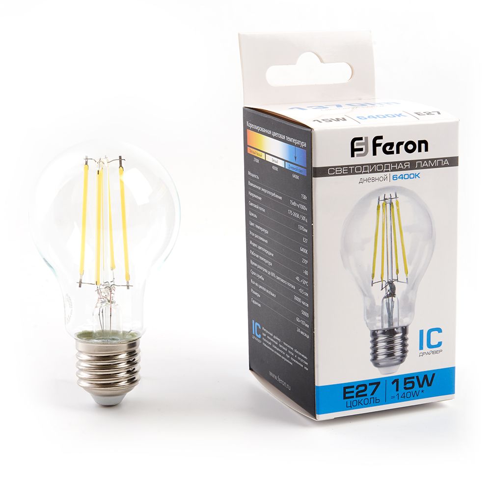Лампа светодиодная классическая филамент A60 LB-615 Шар E27 15W 175-265V 6400K Feron 48284