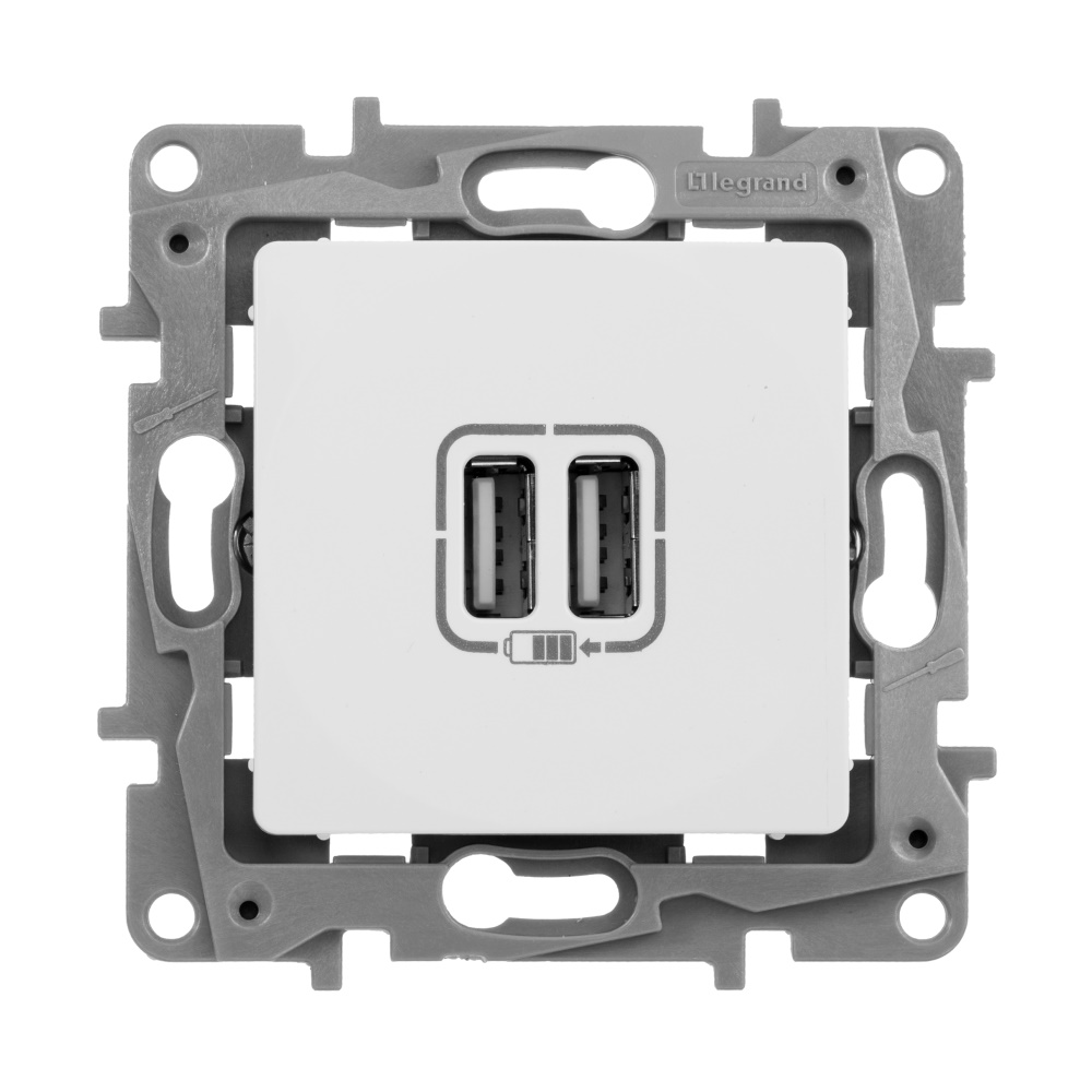 legrand etika зарядное устройство с двумя usb-разьемами 240в/5в 2400ма белый