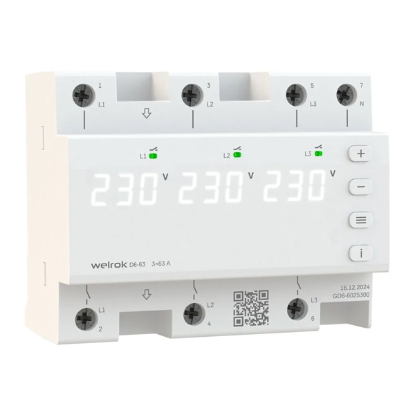 Реле контроля напряжения Welrok D6-63 3Ф 3х63А (max 3х80A) 3х14490ВА белый 6м 4660251140380