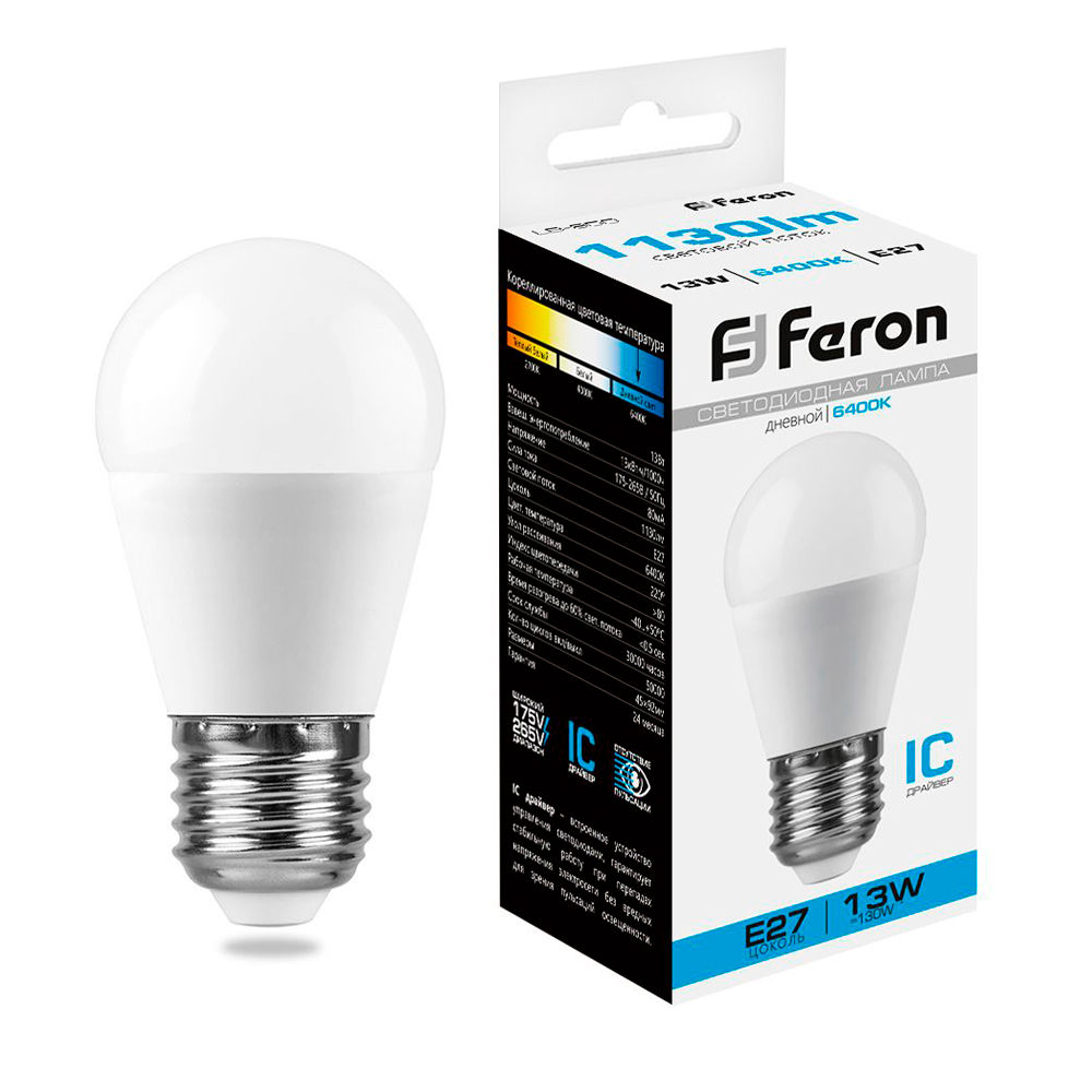 Лампа светодиодная шар матовый G45 LB-950 13W 230V E27 6400K Feron 