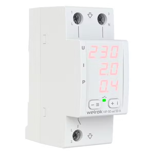 Многофункциональное реле контроля напряжения и тока Welrok VIP-50 red 1Ф 50А (max 60A) 11500ВА белый 4660251140328