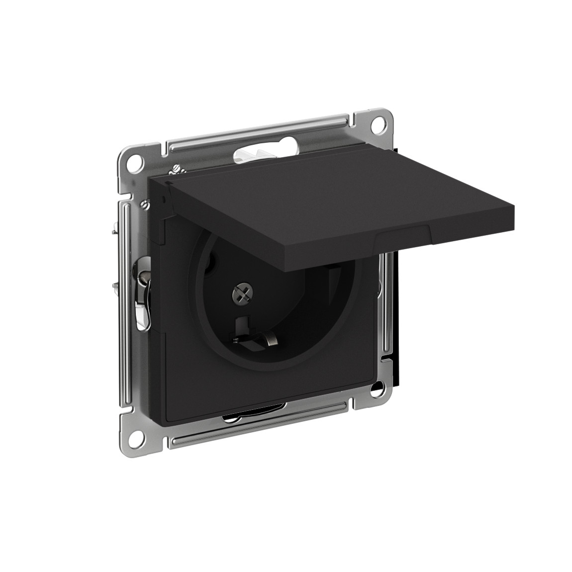 systeme electric atlasdesign розетка 1-я с заземлением со шторками с крышкой ip20 карбон