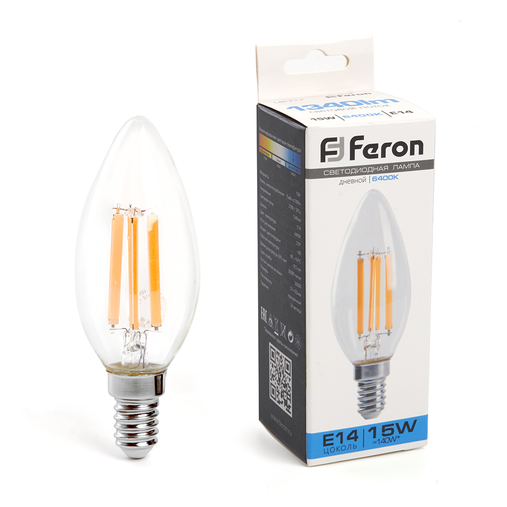 Лампа светодиодная C35 свеча филамент прозрачная стекло LB-717 E14 15W 230V 6400K Feron 38259