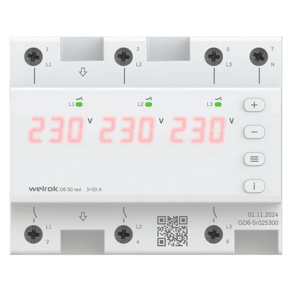 Реле контроля напряжения Welrok D6-50 red 3Ф 3х50А (max 3х60A) 3х11500ВА белый 6м 4660251140403