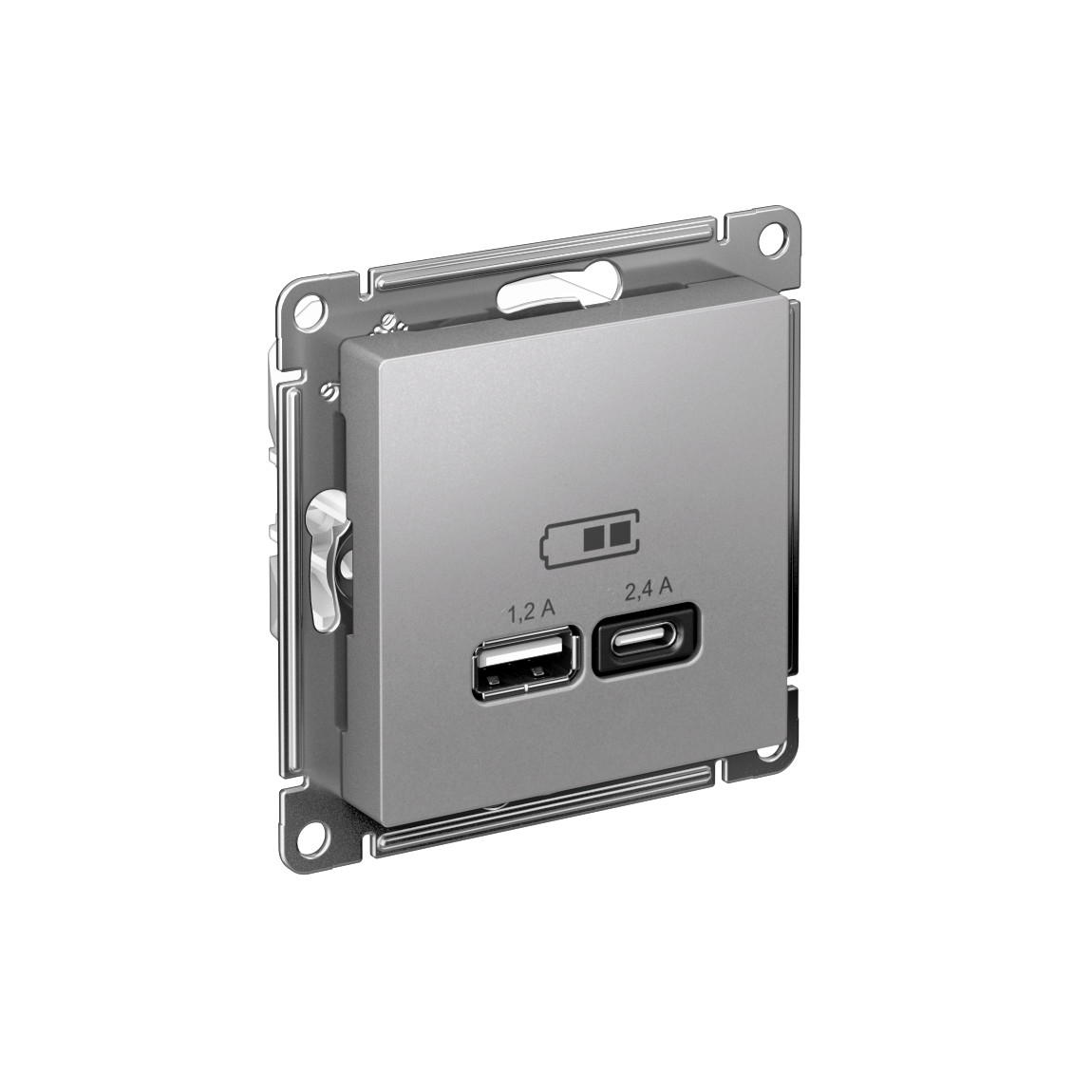 systeme electric atlasdesign, розетка 2xusb (1.2a/2.4a) типы a и c для зарядки алюминий atn000339