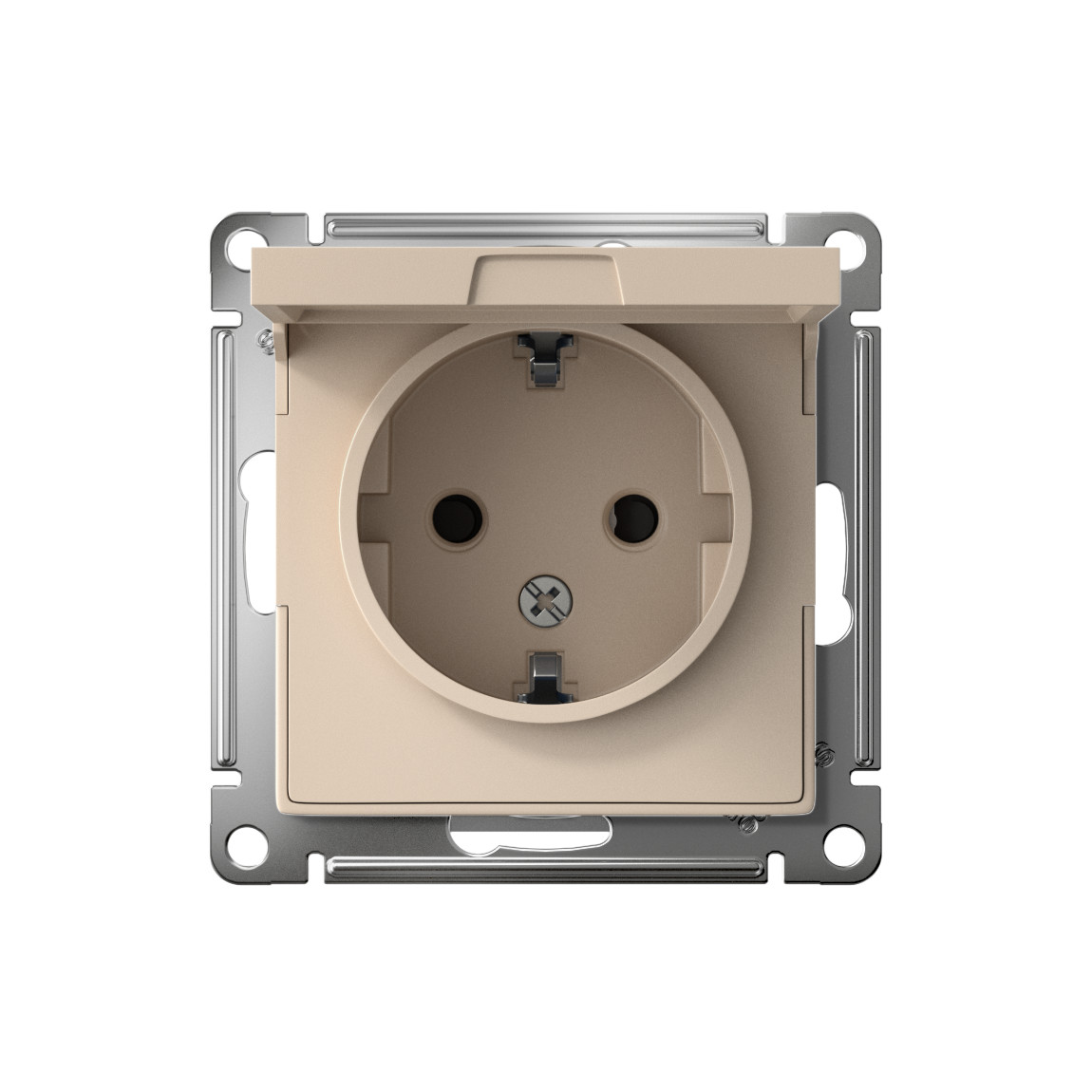 systeme electric atlasdesign розетка 1-я с заземлением со шторками с крышкой ip20 песочный