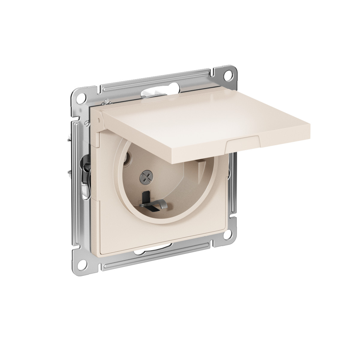 systeme electric atlasdesign, розетка 1-я с заземлением со шторками с крышкой ip20 бежевый atn000246
