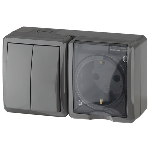 блок розетка с/з с крышкой +2кл выключатель ip54 серый эра (уп.8шт.) 11-7402-03