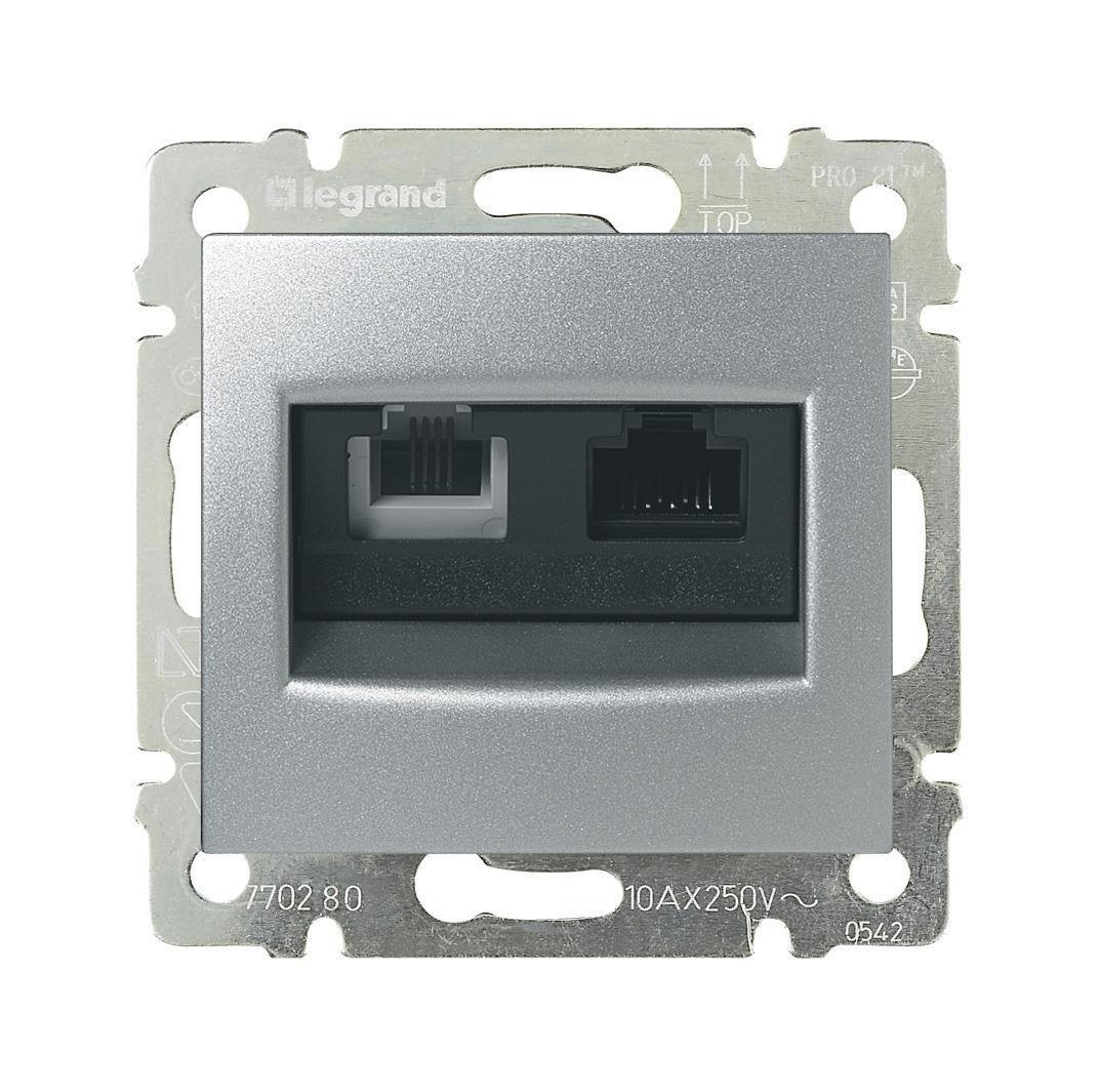 legrand valena розетка компьютерная rj-45 кат.6 utp+розетка телефонная rj-11 алюминий
