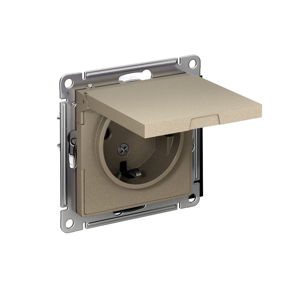 Systeme Electric ATLASDESIGN розетка 1-я с заземлением со шторками с крышкой IP20 шампань