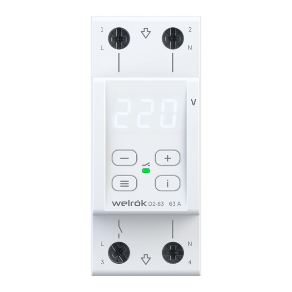 Реле контроля напряжения Welrok D2-63 1Ф 63А (max 80A) 13900ВА белый 2м 4660251140069