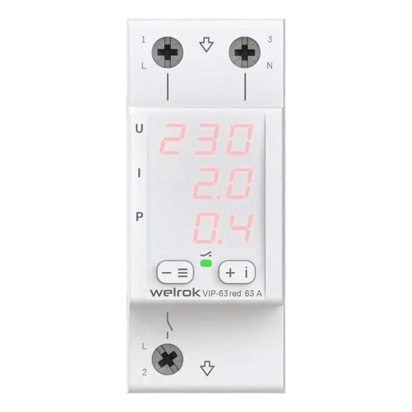 Многофункциональное реле контроля напряжения и тока Welrok VIP-63 red 1Ф 63А (max 80A) 13900ВА белый 4660251140342