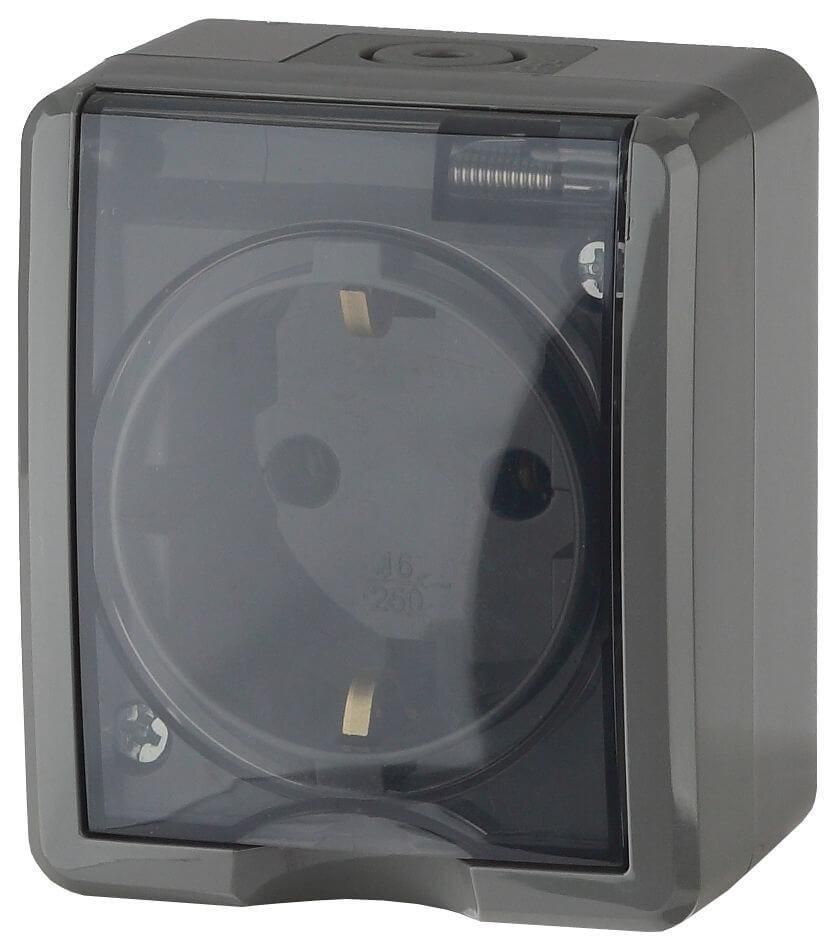 Розетка 1-я с/з с крышкой IP54 серая Эра (уп.16шт.) 11-2401-03