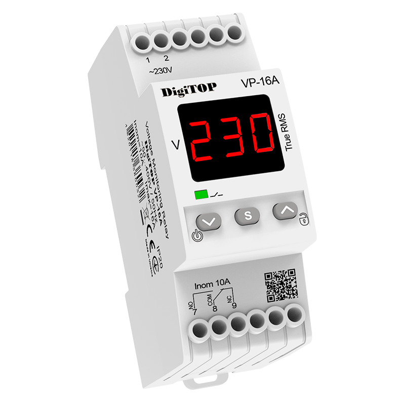 DigiTOP Vp-16A Реле напряжения однофазное 220В 16А, 1 «замыкающийся» контакт