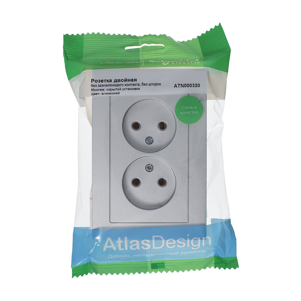 systeme electric atlasdesign, розетка 2-я без заземления алюминий atn000320