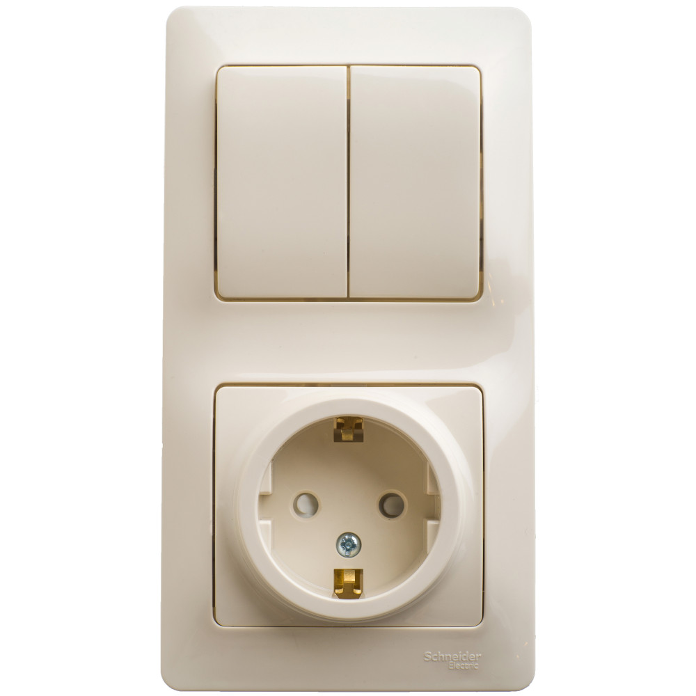 System Electric Glossa блок комбинированный роз с заземл. выключатель 2-клавишный бежевый