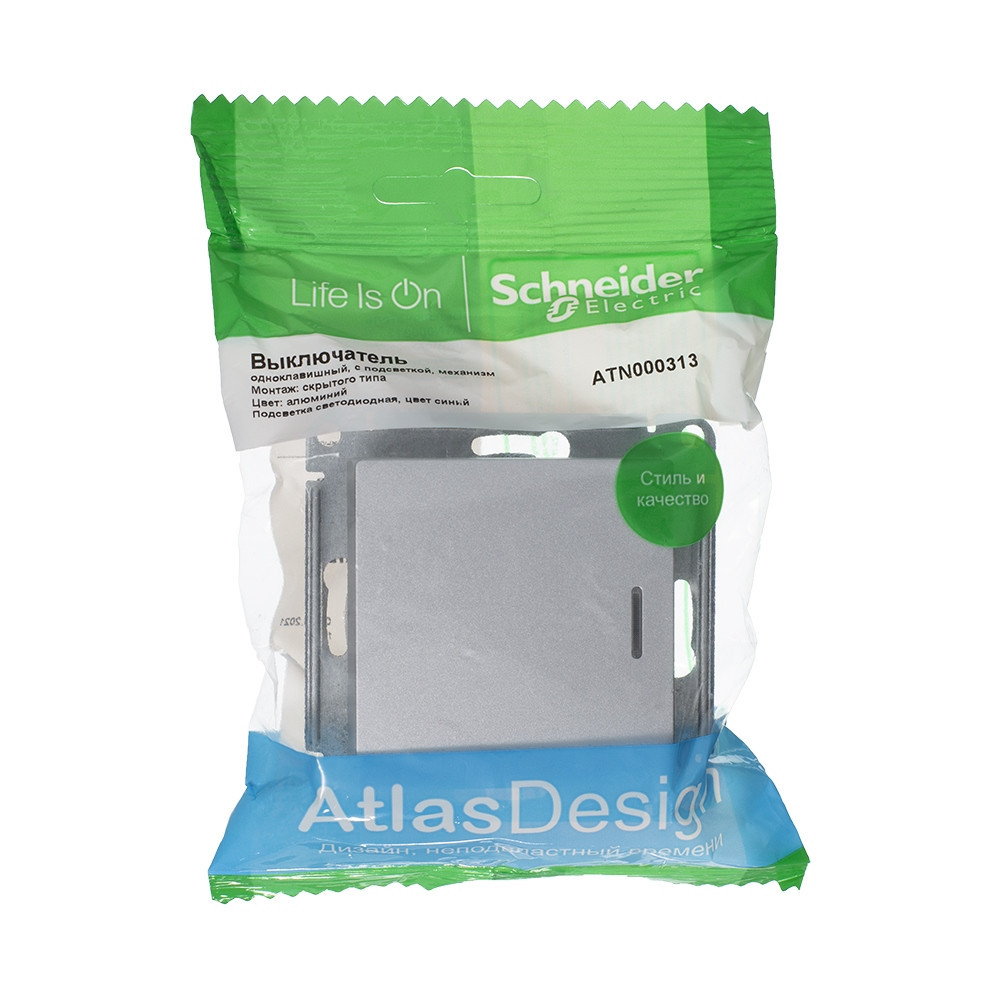 systeme electric atlasdesign, выключатель 1-клавишный с подсветкой алюминий atn000313