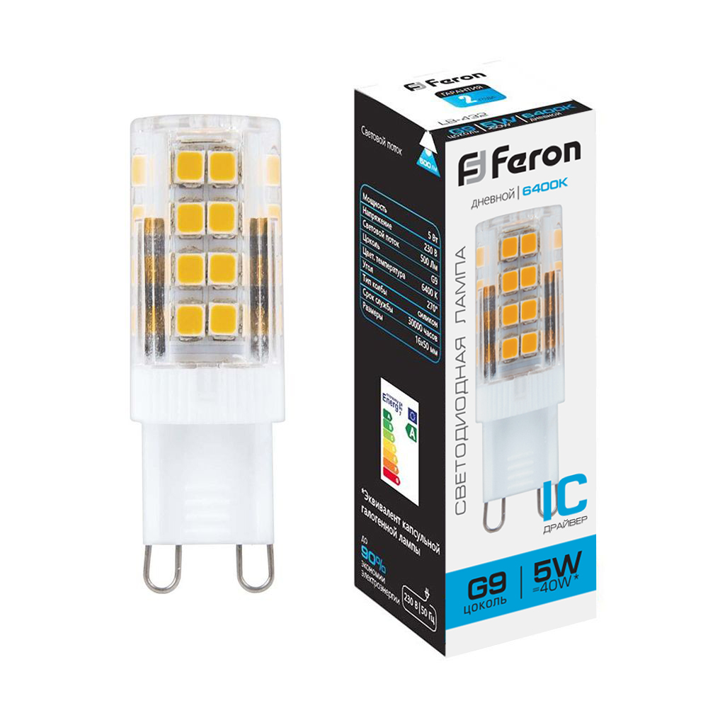 Лампа светодиодная LB-432 G9 175-265V 5W 6400K "кукуруза" Feron 