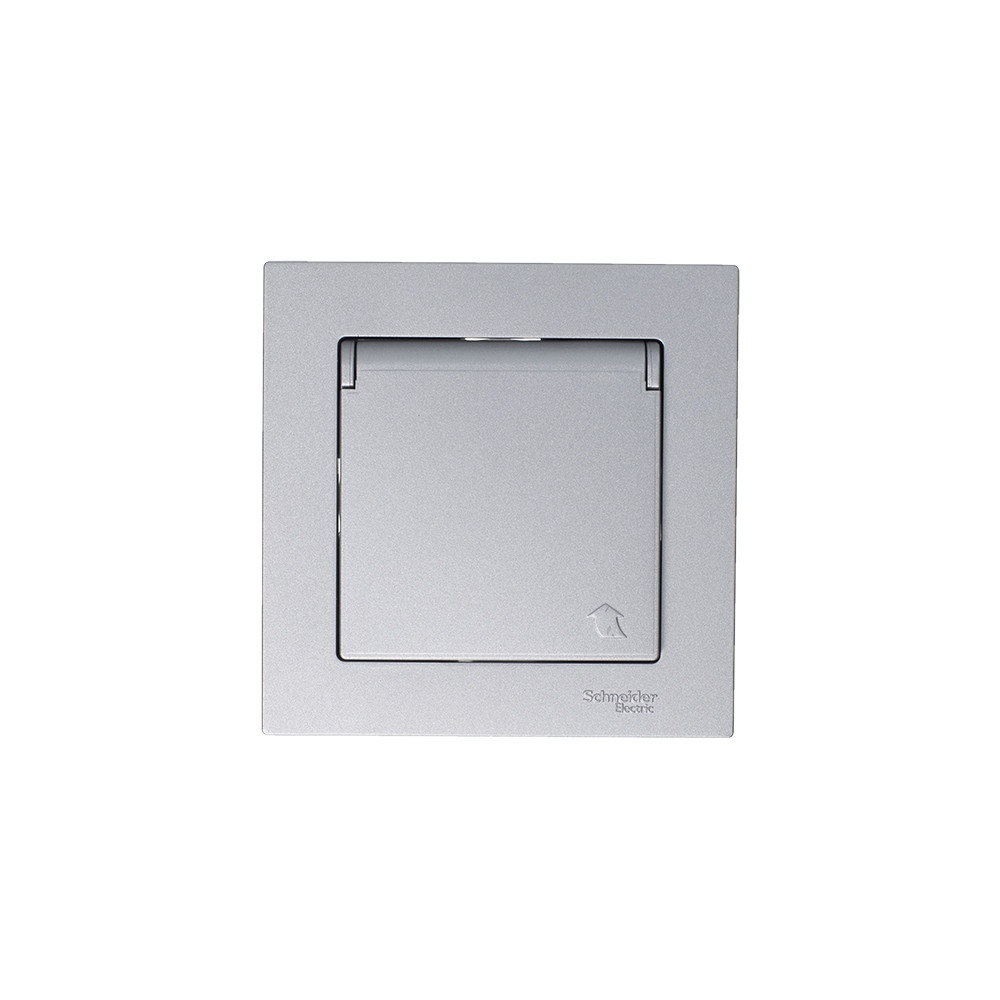 systeme electric atlasdesign, розетка 1-я с заземлением со шторками с крышкой ip20 алюминий atn00034