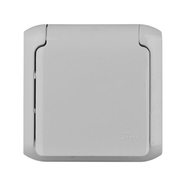 legrand quteo ip-44 розетка 1-я с заземлением с крышкой (со шторками) серая