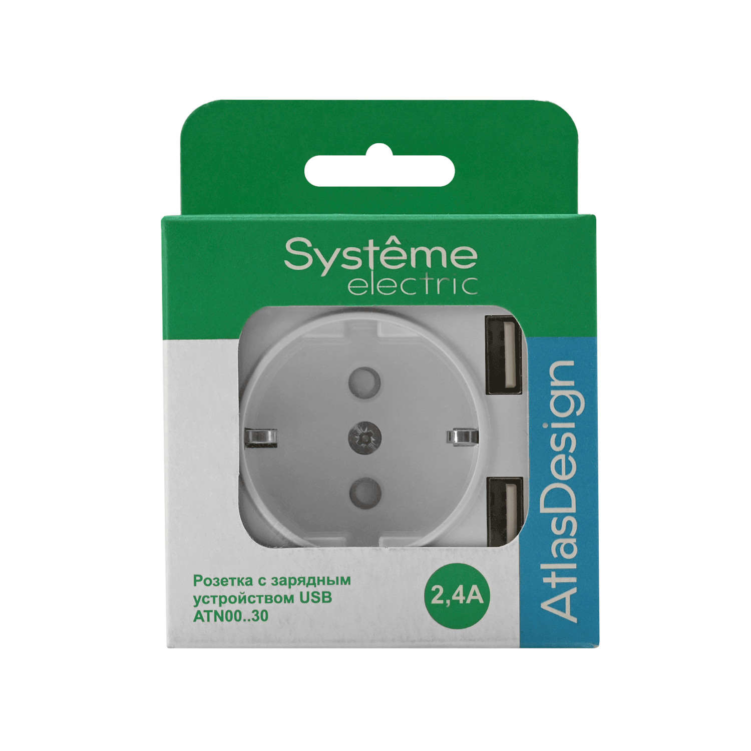 systeme electric atlasdesign, розетка с заземлением 16а с 2xusb для зарядки белый atn000130