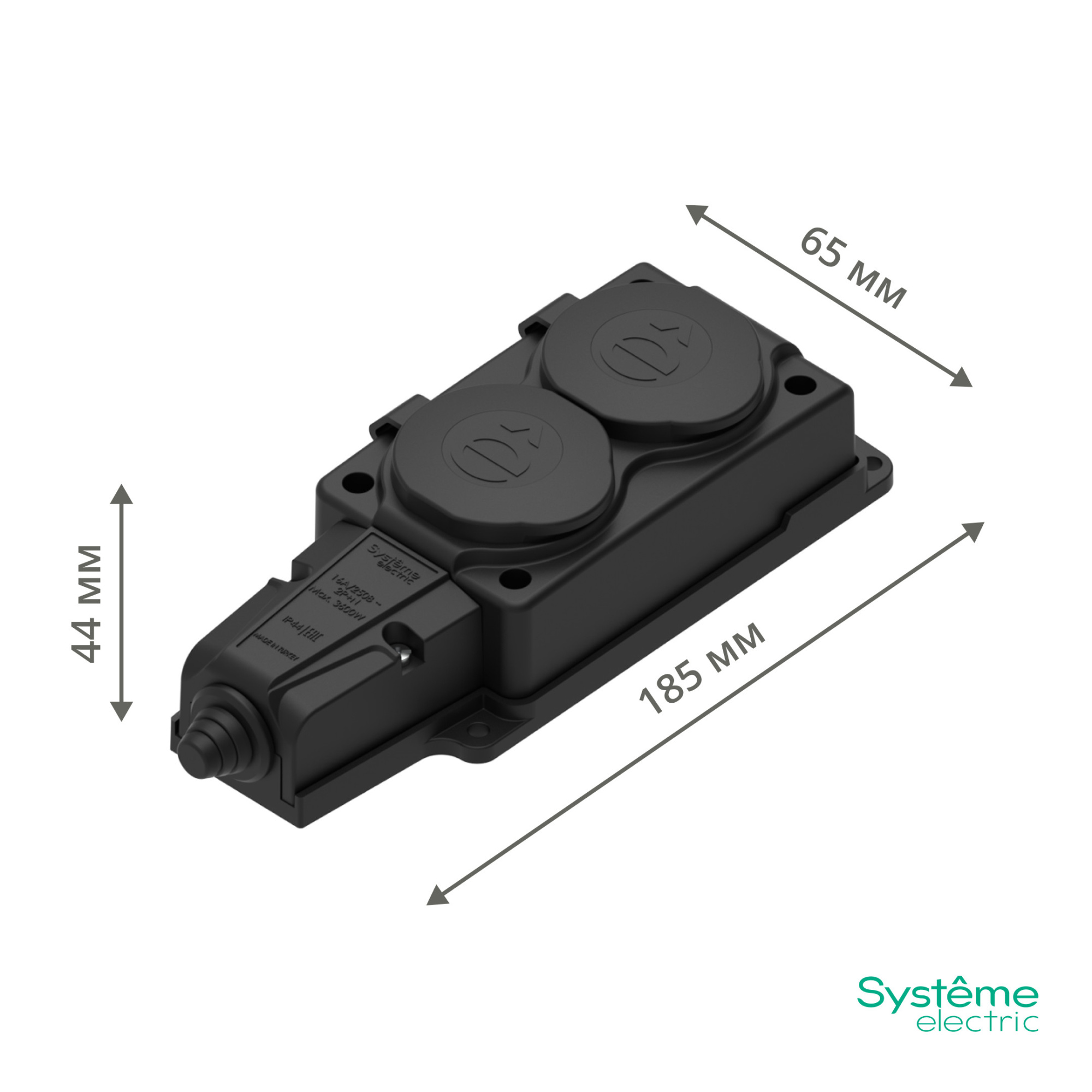 multiset колодка 2х розетка 2к+з каучуковая 16а/250в ip44 чёрная systeme electric